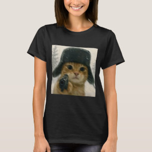 Camiseta Gato Maluco Vestindo Chapéu Ushanka Meme de Gato R