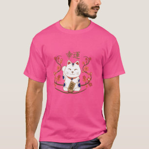 Camiseta Gato maneki-neko com boa sorte kanji