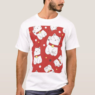 Camiseta Gato Maneki-Neko, padrão de rabiscos japoneses.