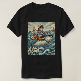 Camiseta Gato Marinheiro Engraçado Montando Atum Vintage