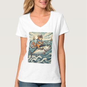Camiseta Gato Marinheiro Engraçado Montando Atum Vintage