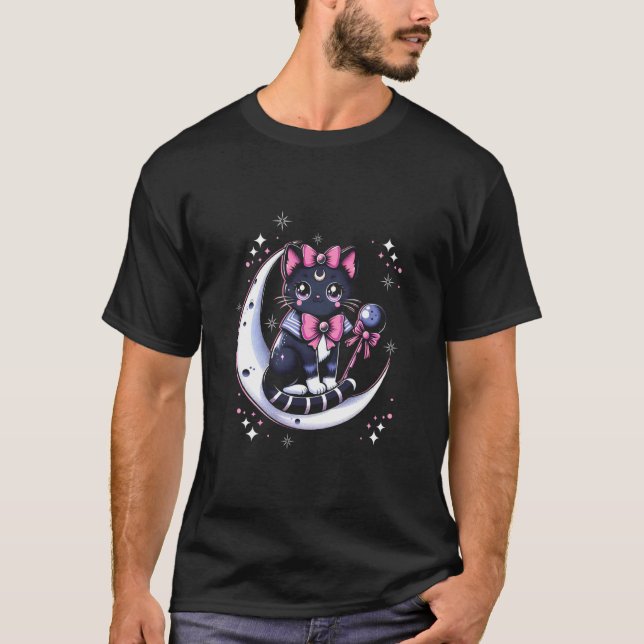 Camiseta Gato Marinheiro Meow Sentado Na Lua Espaço Gótico  (Frente)