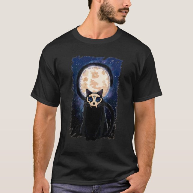 Camiseta Gato Máscara de Caveira Com Fetiche Lua Fantasia G (Frente)