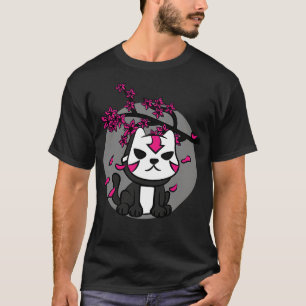 Camiseta Gato Máscara Oni do Japão Flor de Cerejeira