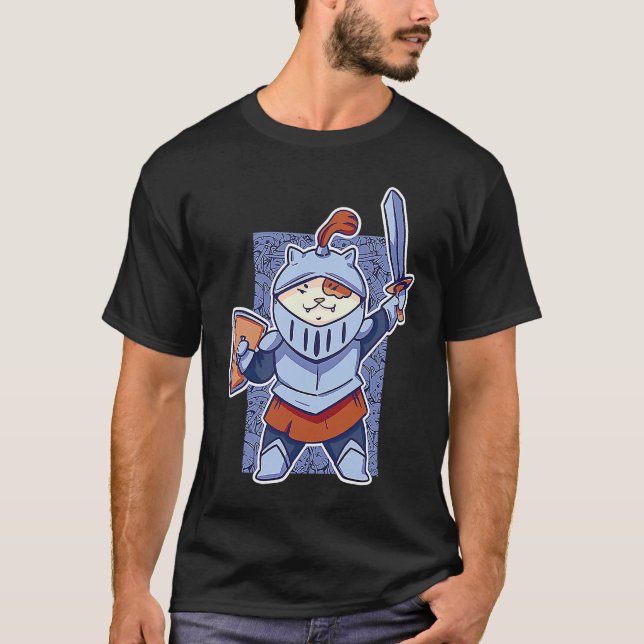 Camiseta Gato Medieval Kitten com espada e Dragões Escudo  (Frente)