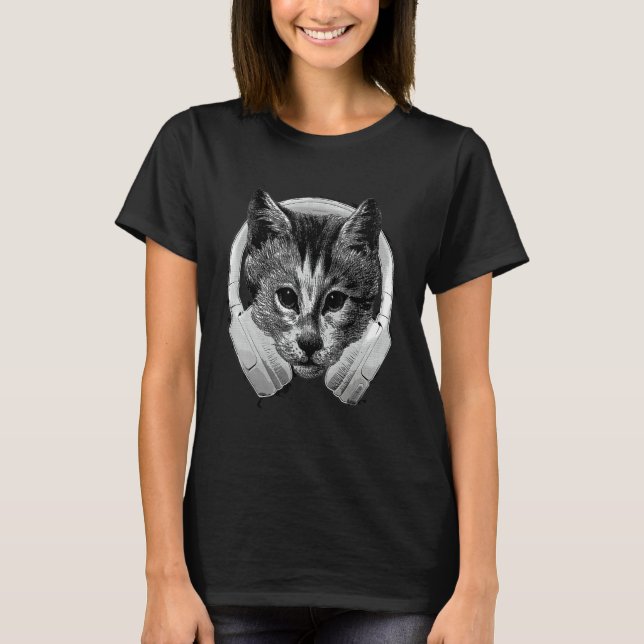 Camiseta Gato Melômano Com Headset De Áudio De Dj  Gatinho  (Frente)