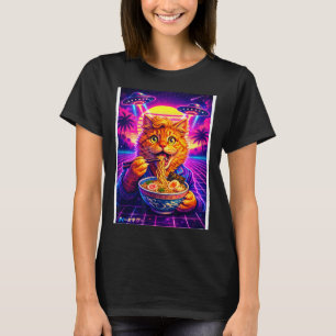 Camiseta Gato meme de ramen Ufo synthwave retrô gráfico dos