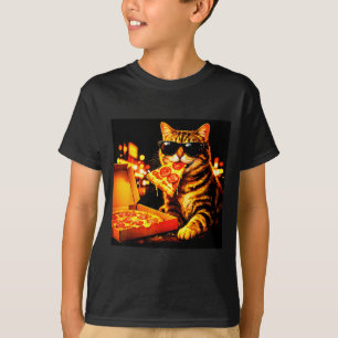 Camiseta Gato meme engraçado com óculos de sol comendo pizz