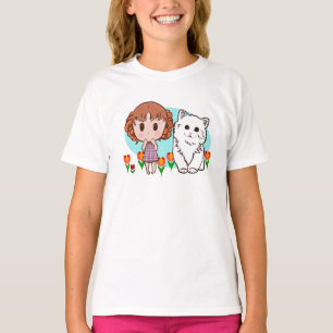 Camiseta gato, menina e tulipas