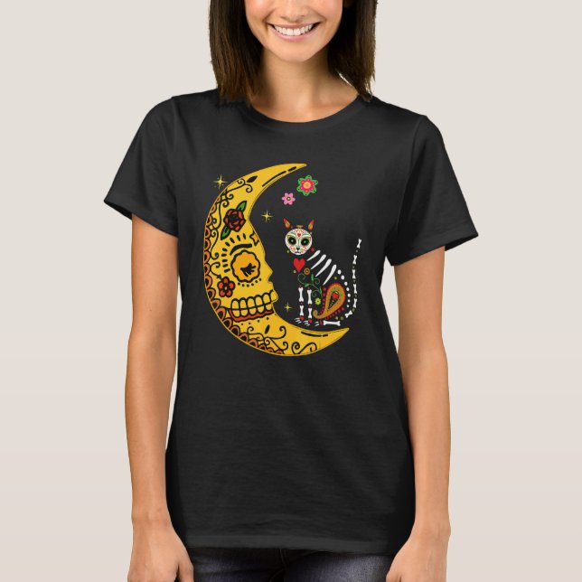Camiseta Gato mexicano Calavera com Lua Dia de Muertos Hall (Frente)
