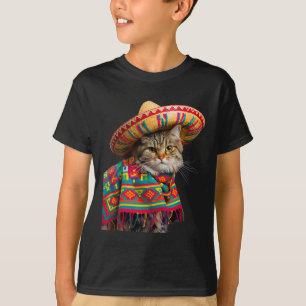 Camiseta Gato Mexicano Engraçado Sombrero Poncho Cinco De M