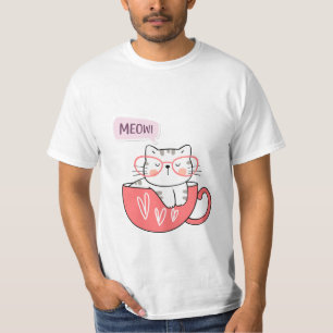 Camiseta gato miando numa xícara