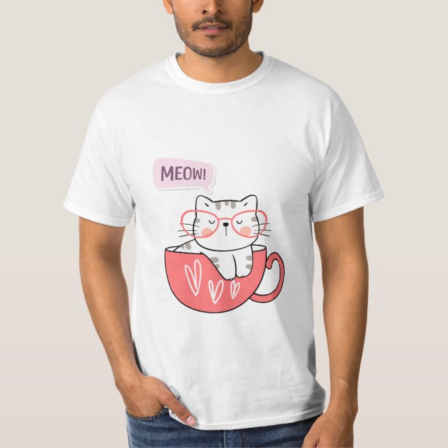Camiseta gato miando numa xícara (Frente)