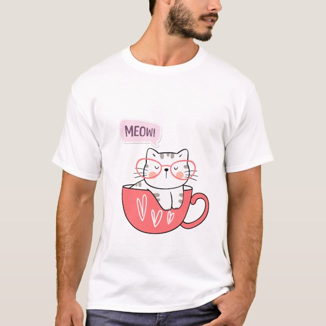 Camiseta gato miando numa xícara (Frente)