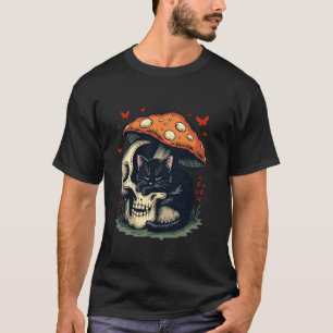 Camiseta Gato Místico Estética Gótica Preta com Caveira e
