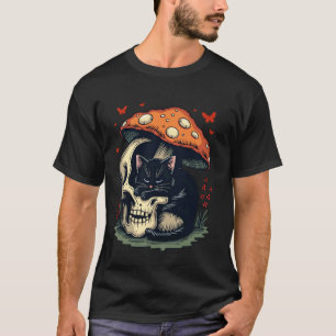 Camiseta Gato Místico Estética Gótica Preta com Caveira e