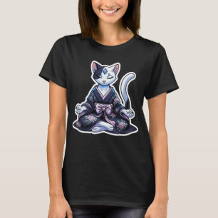Camiseta Gato Místico Meditando em Quimono Floral Preto