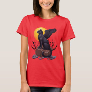 Camiseta Gato Místico Negro Asas Sob A Lua Fantasy A
