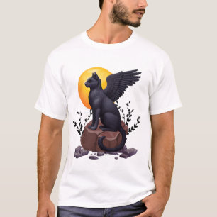 Camiseta Gato Místico Negro Asas Sob A Lua Fantasy A