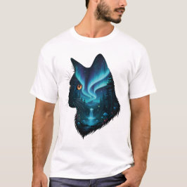 Camiseta Gato Místico Silhueta da Floresta Luzes do Norte