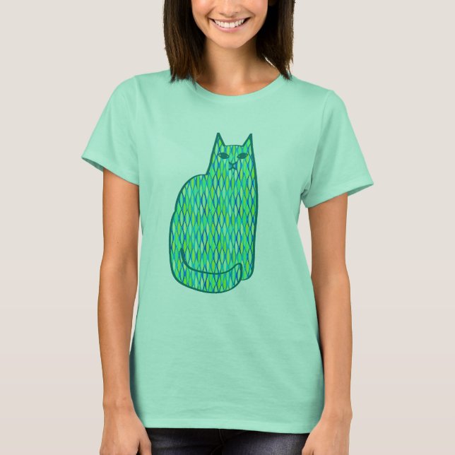 Camiseta Gato Moderno de Meados do Século, Verde Menta e Li (Frente)