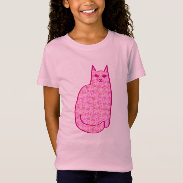 Camiseta Gato Moderno do Século médio, Fúchsia e Rosas clar (Frente)