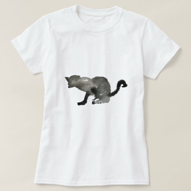 Camiseta Gato monocromático de cor aquosa preta (Frente do Design)