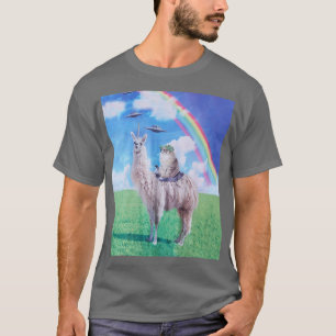 Camiseta Gato Montado em Unicórnio de Lhama Arco-íris OVNI 