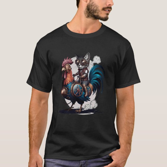 Camiseta Gato Montado Frango Engraçado Cinza Tabby Samurai  (Frente)