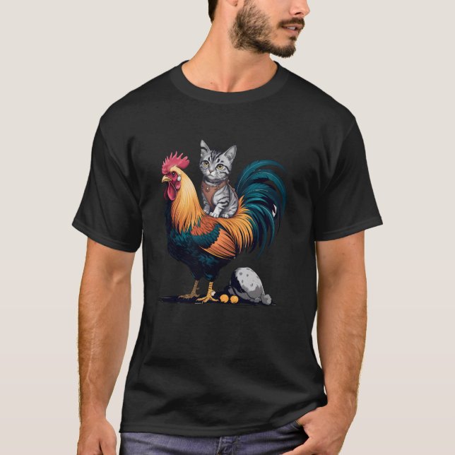 Camiseta Gato Montado Frango Engraçado Cinza Tabby Samurai  (Frente)
