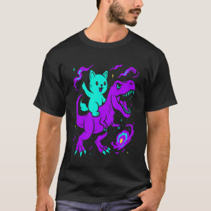 Camiseta Gato Montando Dinossauro T-Rex Amante de Gatinho E