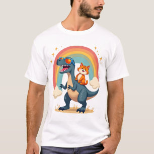 Camiseta Gato Montando Dinossauro T-Rex Gatinho Arco-íris D