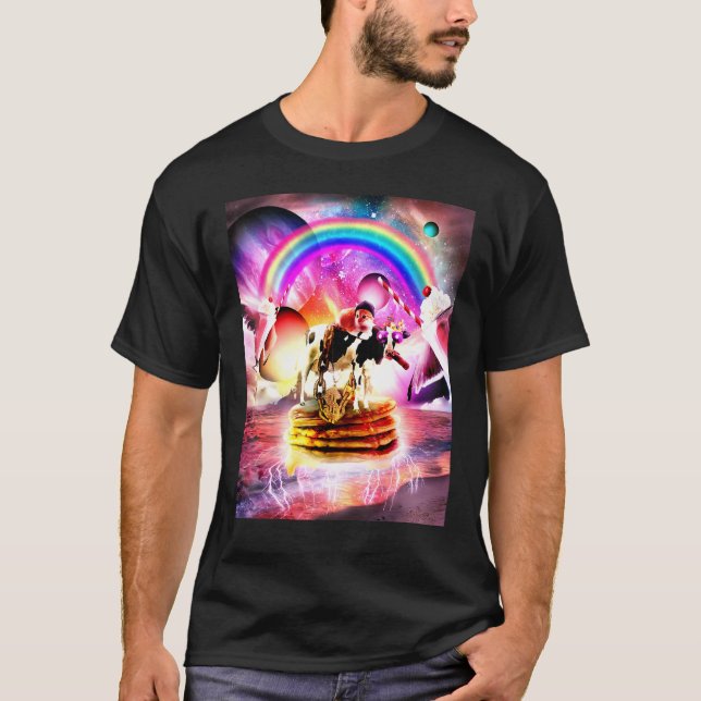 Camiseta Gato Montando Vaca Com Panquecas E Milkshake (Frente)