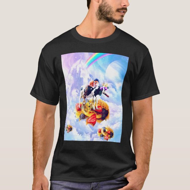 Camiseta Gato Montando Vaca Nas Nuvens E Waffles (Frente)