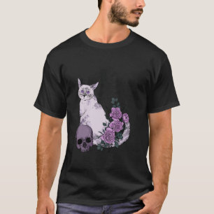 Camiseta Gato Moon Caveira Floral Impressão feminino Hallow