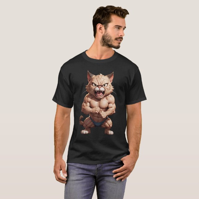 Camiseta Gato muscular zangado e engraçado (Frente Completa)