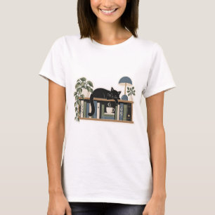 Camiseta Gato na Estante de Livros   Silhueta Minimalista