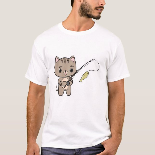 Camiseta Gato na pesca com vara de pesca (Frente)