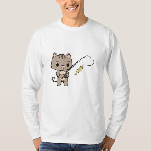 Camiseta Gato na pesca com vara de pesca (Frente)
