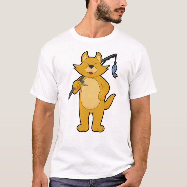 Camiseta Gato na pesca com vareta de pesca e peixe (Frente)