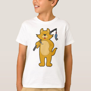Camiseta Gato na pesca com vareta de pesca e peixe