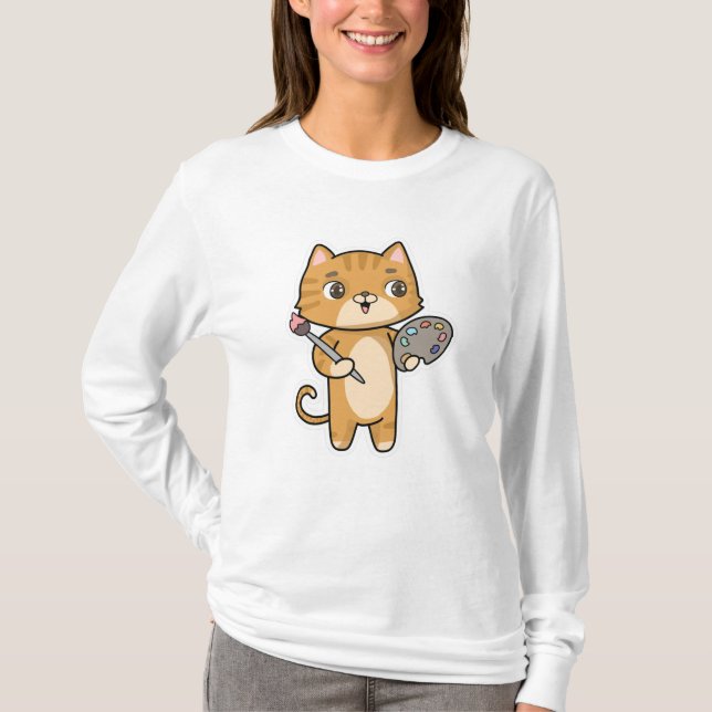 Camiseta Gato na pintura com cor e pincel (Frente)