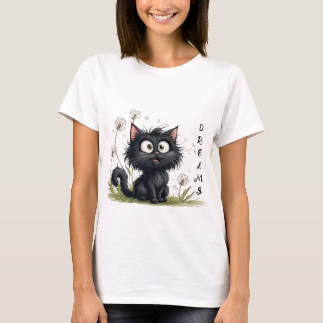 Camiseta Gato na Terra de Fluffy Dandelions (Frente)