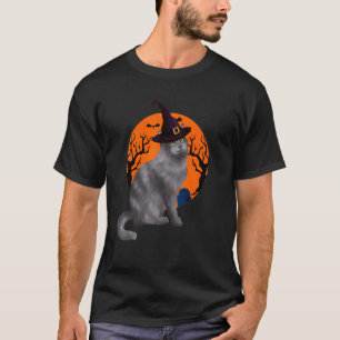 Camiseta Gato Nebelung Fofinho Chapéu de Bruxa de Halloween
