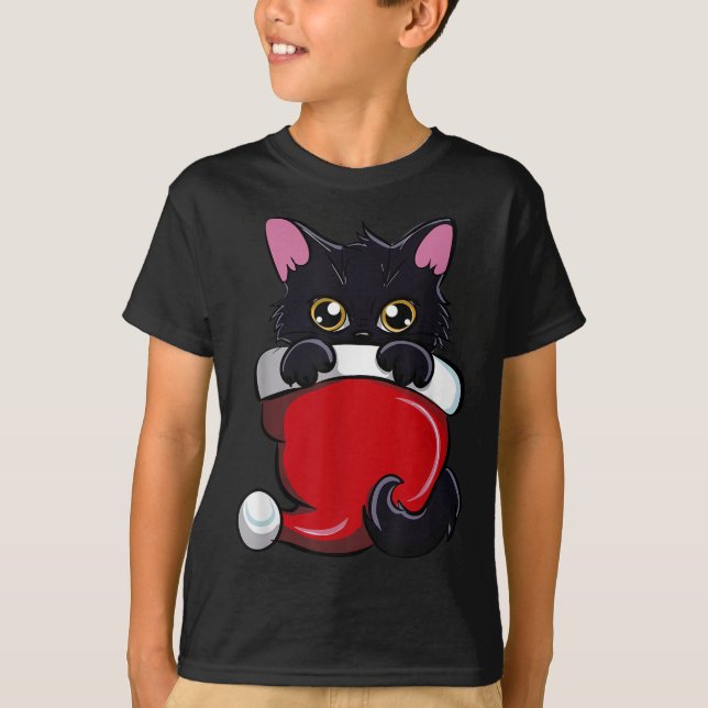 Camiseta Gato Negra Bonito, Papai Noel, Desejando Um Funno  (Frente)