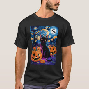 Camiseta Gato Negra Celestial do Halloween em Starry Night