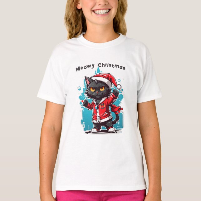 Camiseta Gato Negra Dabbing: Festividades de Natal Feliz (Frente)