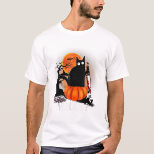 Camiseta Gato Negra-Lua Assustador do Halloween Assassino c