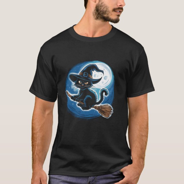 Camiseta Gato Negra Testemunha em um Vassoura com Lua Cheia (Frente)