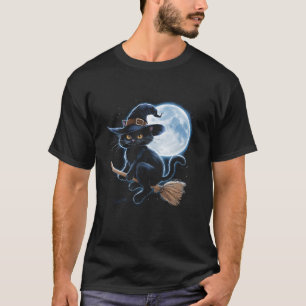 Camiseta Gato Negra Testemunha em um Vassoura com Lua Cheia